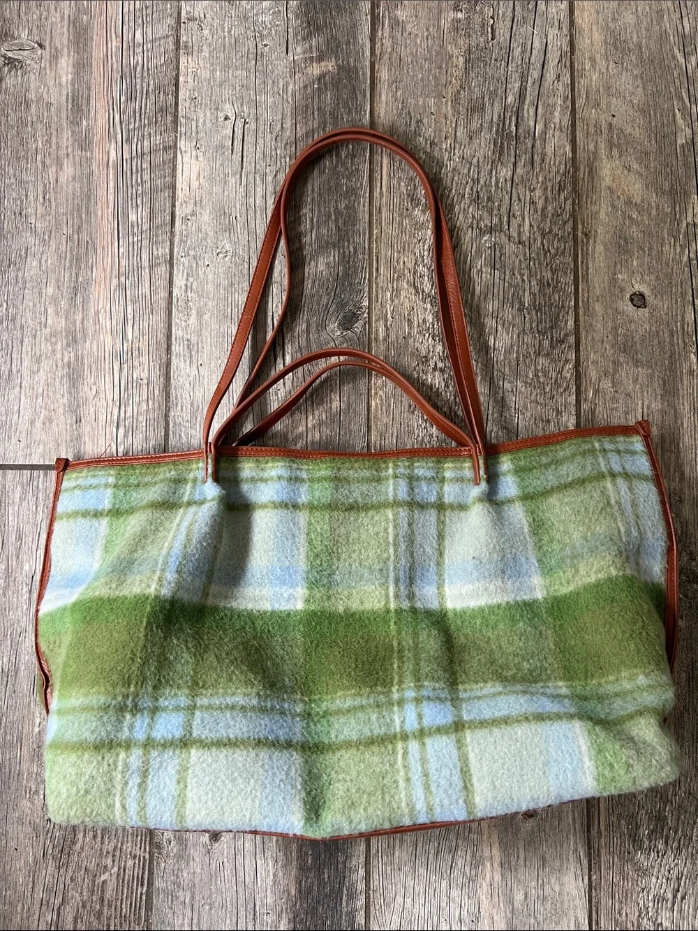 Universal Thread Green Plaid Tote with Brown Leather Trim